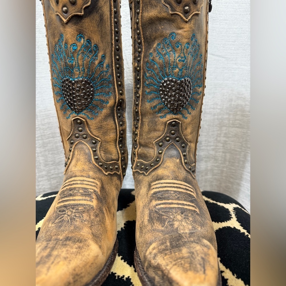 Dan Post DP3441 Distressed Leather Turquoise Heart Cowgirl Boots 6.5M – Western - Picture 4 of 8